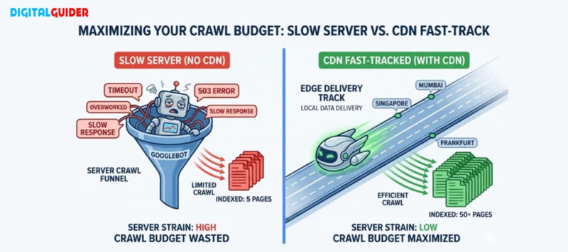 Infographic comparing Googlebot crawl efficiency on a slow origin server versus a fast-track CDN edge network with maximized crawl budget.