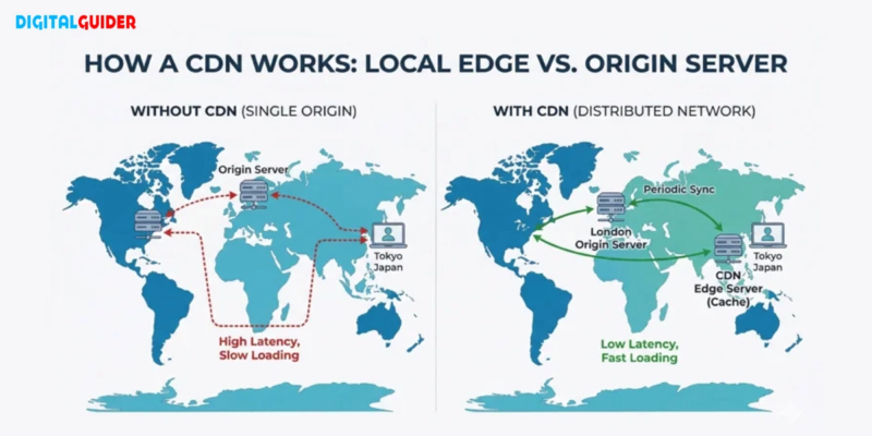 Technical diagram illustrating website data travel distance between a single origin server in London and a distributed CDN edge network in Tokyo for reduced latency.