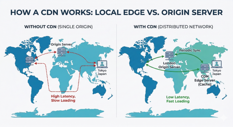 Figure 1: Technical diagram illustrating website data travel distance between a single origin server in London and a distributed CDN edge network in Tokyo for reduced latency.