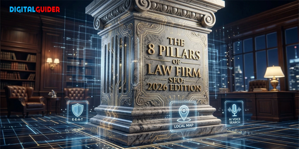 A hyper-realistic illustration of an architectural pillar combining classic stone and futuristic blue circuits, displaying "The 8 Pillars of Law Firm SEO: 2026 Edition" in gold lettering. Floating icons represent E-E-A-T, Local Map, and AI Voice Search.