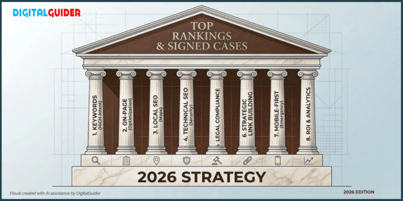 Infographic displaying the 8 core pillars of law firm SEO for 2026, including local SEO, technical security, and keyword research.
