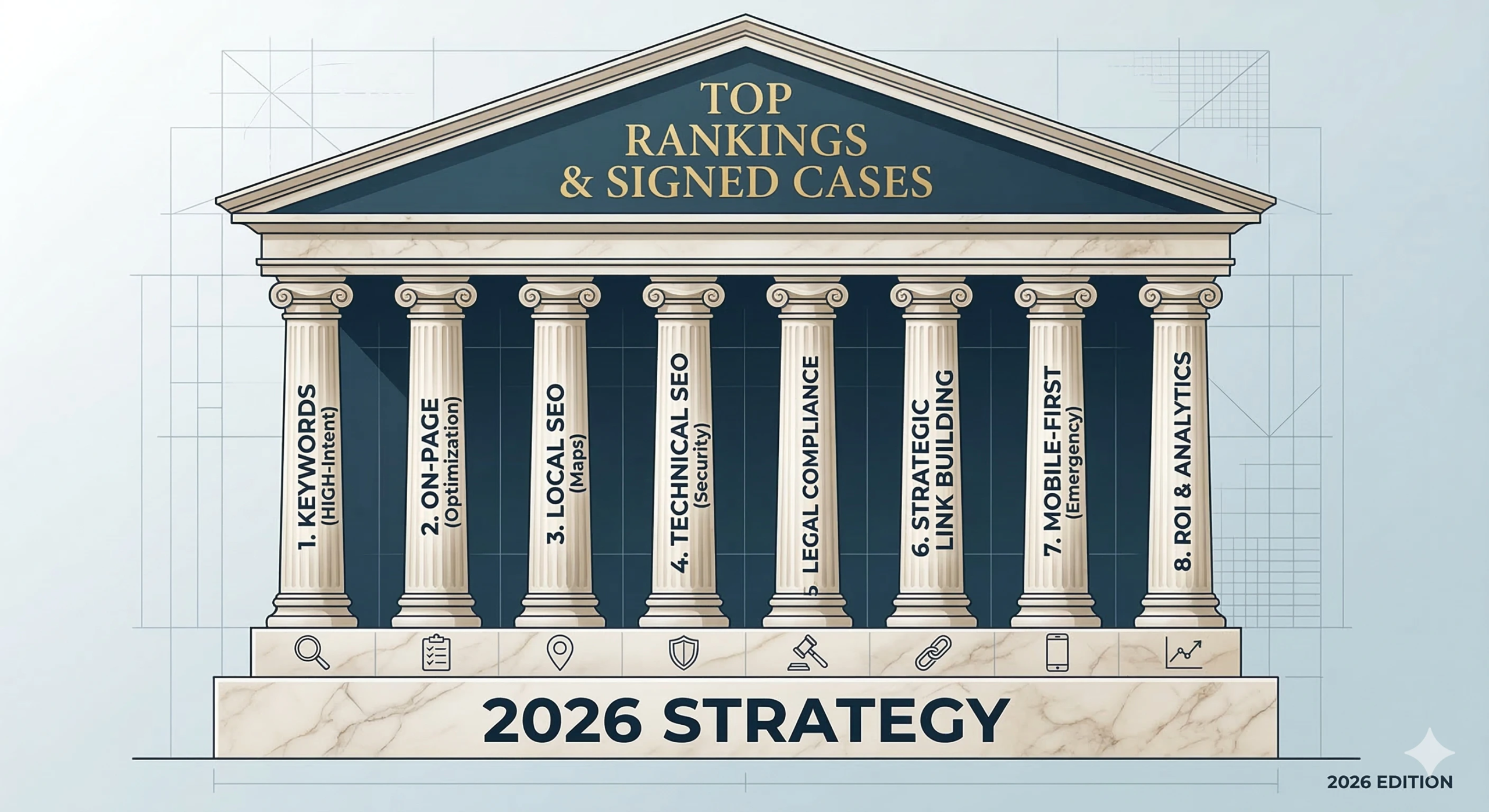 Infographic displaying the 8 core pillars of law firm SEO for 2026, including local SEO, technical security, and keyword research.