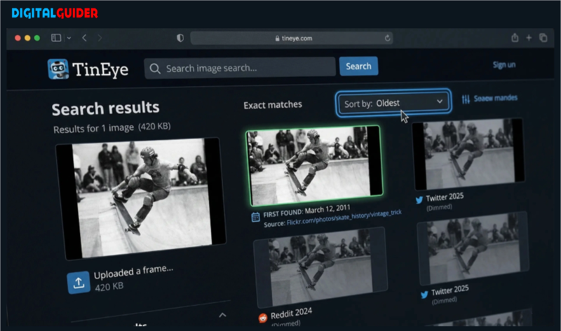TinEye reverse image search interface performing a 'Sort by: Oldest' filter on a vintage skateboarding video frame, successfully identifying the original 2011 Flickr upload.