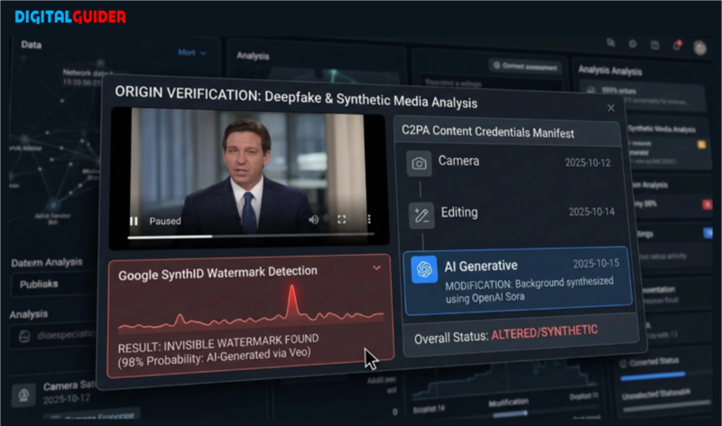 A forensic video analysis dashboard simultaneously performing a Google SynthID watermark detection check and displaying a C2PA Content Credentials manifest to verify if a video is authentic or AI-generated.