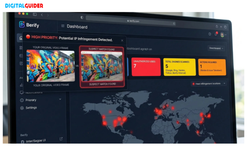 Berify dashboard displaying a side-by-side comparison of an original video frame against a suspected unauthorized match, illustrating automated IP infringement detection across multiple search engines.