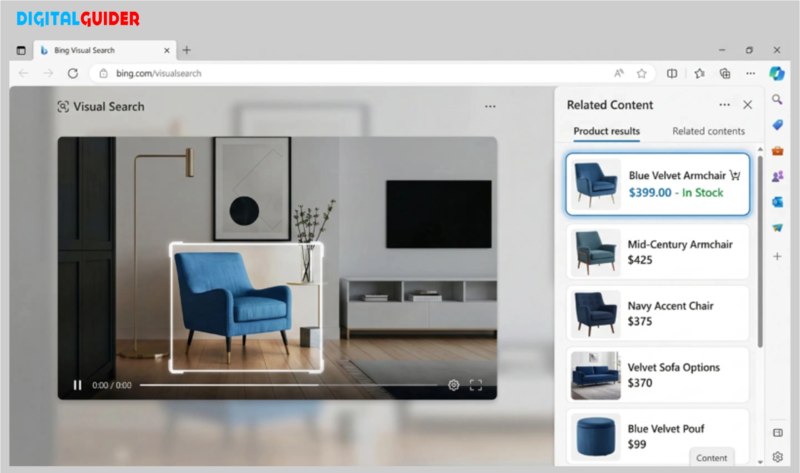 Bing Visual Search interface isolating a blue velvet armchair within a video frame and displaying direct e-commerce pricing and availability links for the exact product.