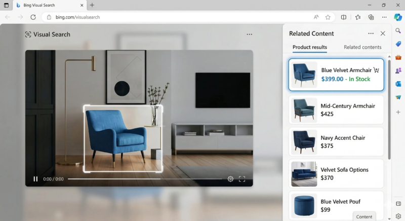 Bing Visual Search interface isolating a blue velvet armchair within a video frame and displaying direct e-commerce pricing and availability links for the exact product.