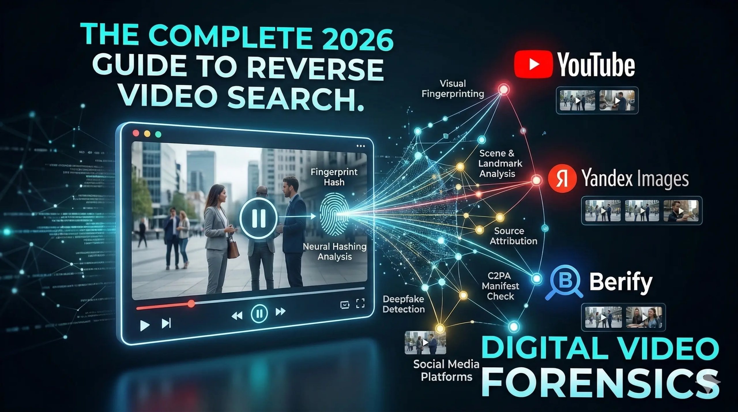 A comprehensive widescreen graphic for 'The Complete 2026 Guide to Reverse Video Search,' illustrating a forensic digital workflow: hashing a video frame and analyzing it across sources like YouTube, Yandex Images, and Berify for verification.