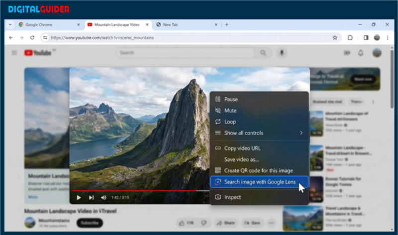 A screenshot of the Google Chrome context menu showing the 'Search image with Google Lens' option over a paused video