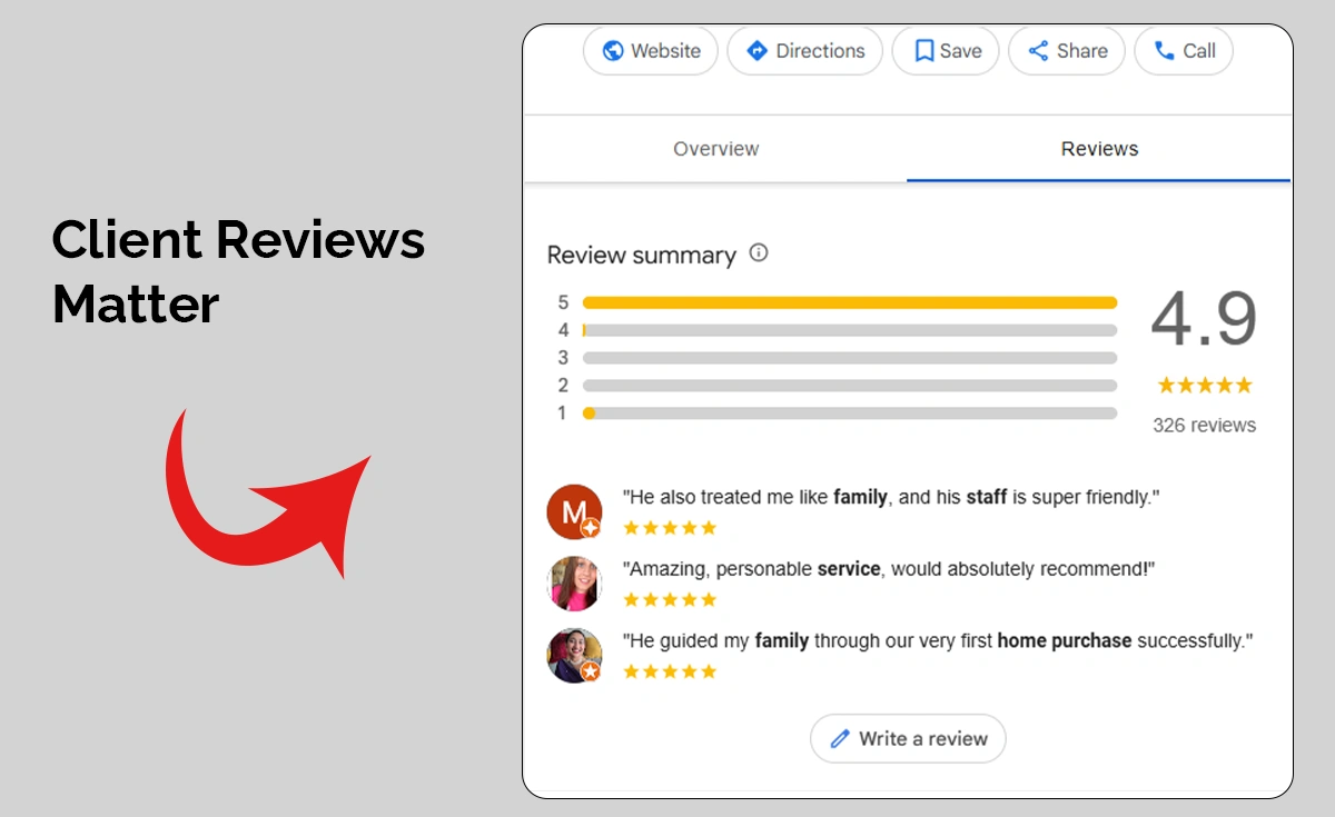 Law firm client reviews and testimonials showing social proof and trust