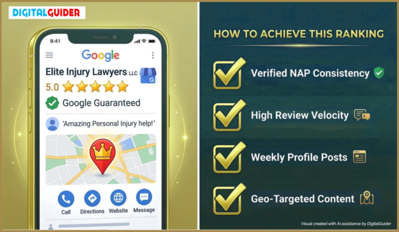 Infographic showing the key components of a top-ranked Google Business Profile for a law firm in the Local 3-Pack.