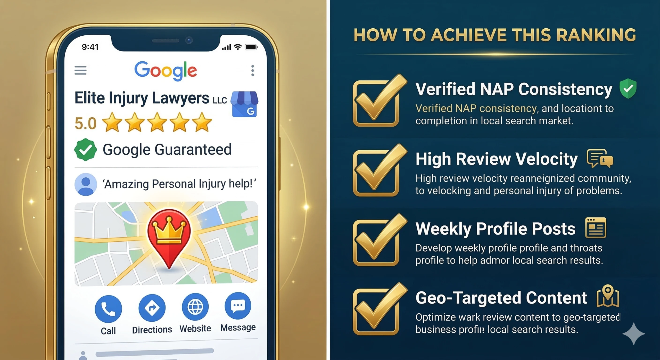 Infographic showing the key components of a top-ranked Google Business Profile for a law firm in the Local 3-Pack.