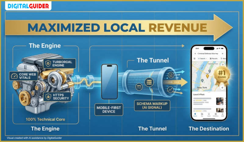 Infographic showing how legal backlinks and review sentiment build a law firm's E-E-A-T and search engine authority.