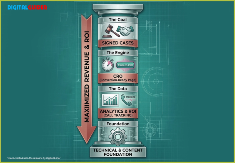 Infographic displaying a vertical funnel showing the conversion journey from 'Top Rankings' to 'Signed Cases' using CRO and analytics.