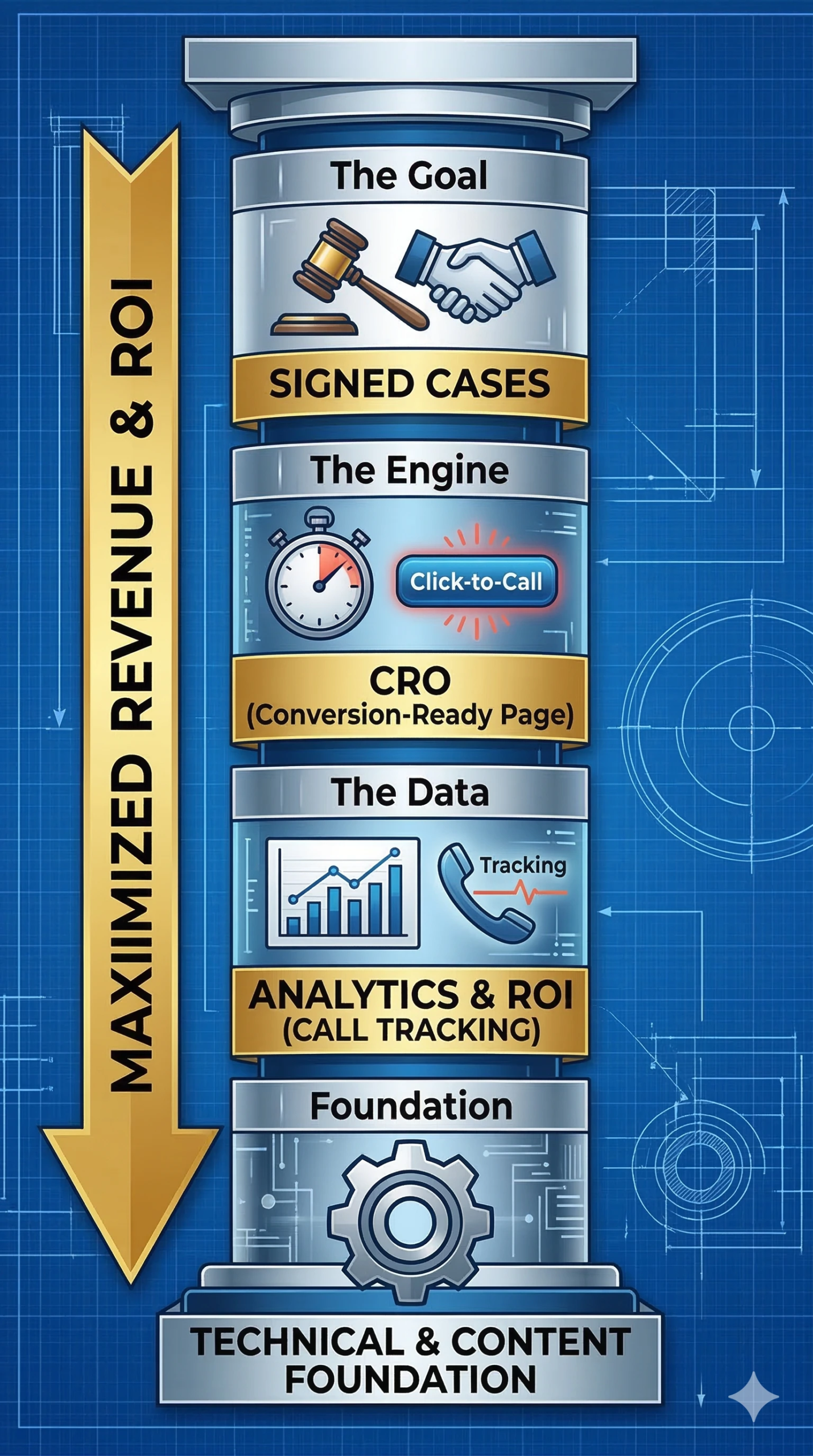 Infographic displaying a vertical funnel showing the conversion journey from 'Top Rankings' to 'Signed Cases' using CRO and analytics.