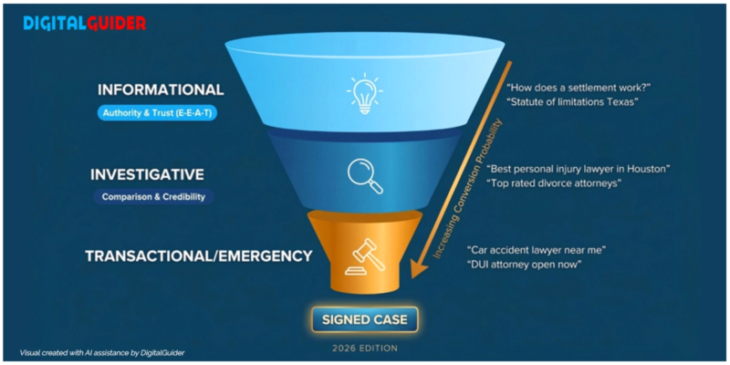 Infographic showing the legal search intent funnel for law firm SEO, transitioning from informational queries to signed cases.