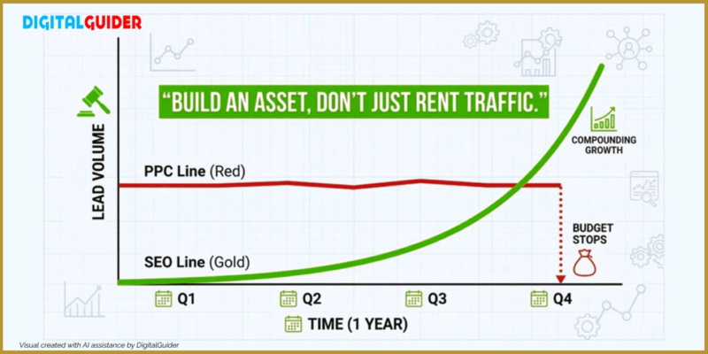 A line graph comparing the long-term ROI of Law Firm SEO versus PPC, showing SEO's compounding growth over time.