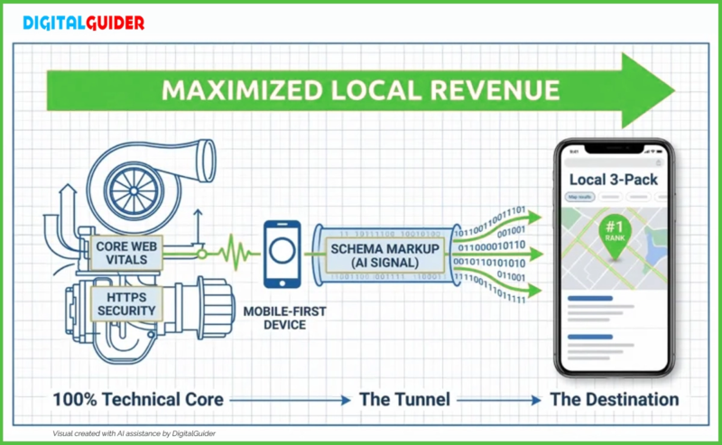 Infographic showing how technical SEO metrics like Core Web Vitals directly impact a law firm's visibility in the Google Local Map Pack.