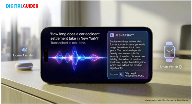 Infographic showing a smartphone interface with a voice search waveform and an AI-generated legal answer snapshot.