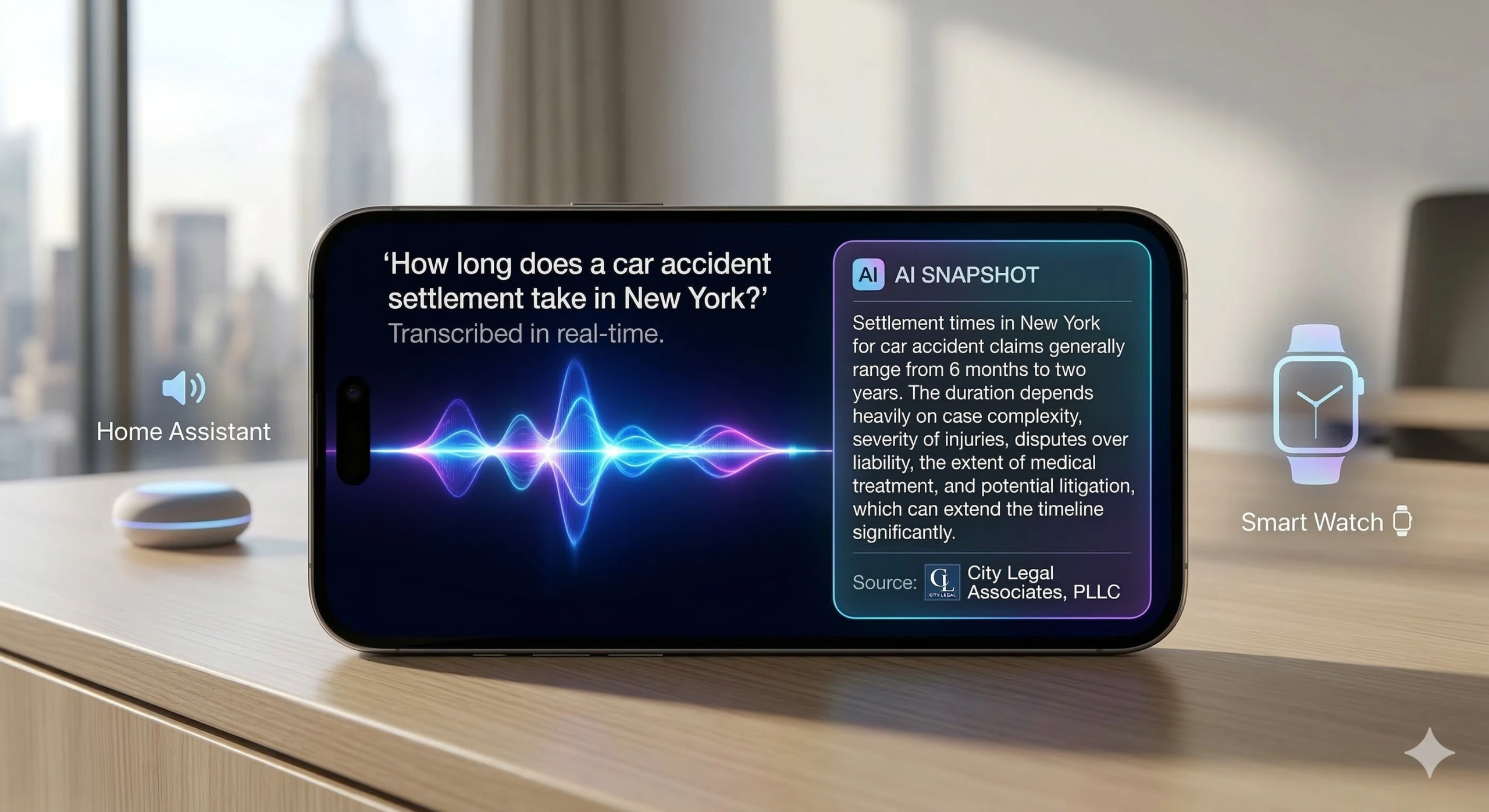 Infographic showing a smartphone interface with a voice search waveform and an AI-generated legal answer snapshot.