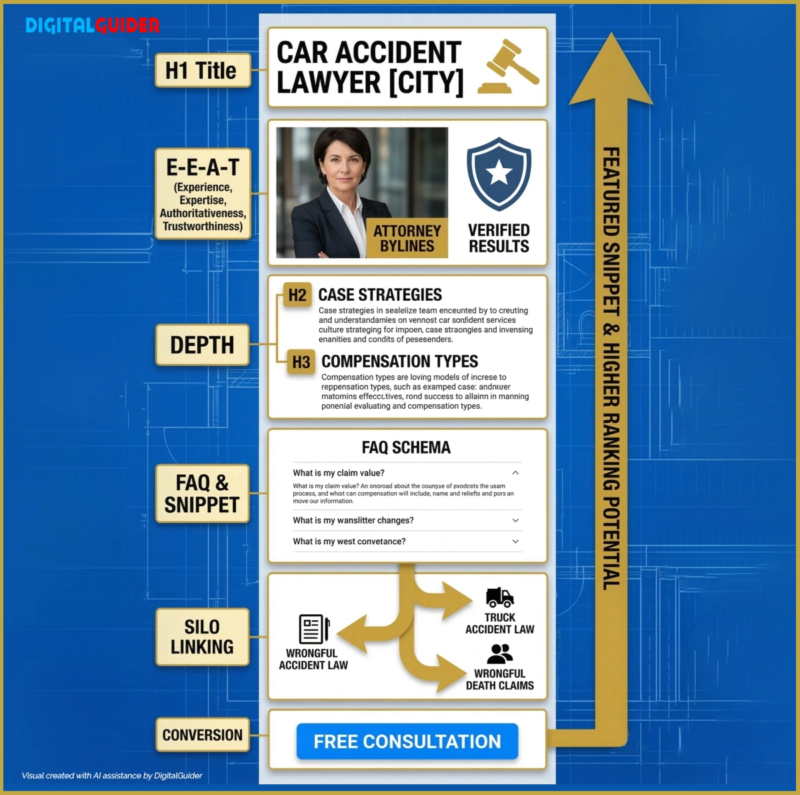 Infographic displaying the ideal anatomy of a 2026 law firm practice area page, highlighting key E-E-A-T and technical SEO elements.