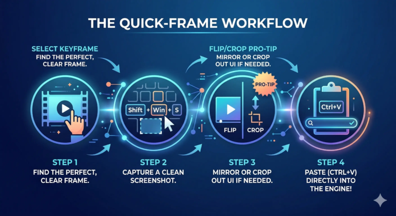 A detailed 4-step horizontal flowchart illustrating the optimal manual process for prepping video frames for reverse search, from selecting keyframes to pasting (Ctrl+V) directly into the engine.