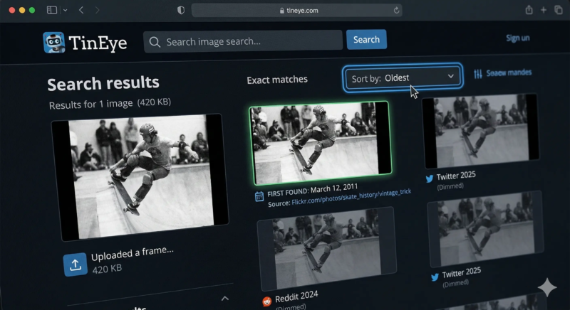 TinEye reverse image search interface performing a 'Sort by: Oldest' filter on a vintage skateboarding video frame, successfully identifying the original 2011 Flickr upload.