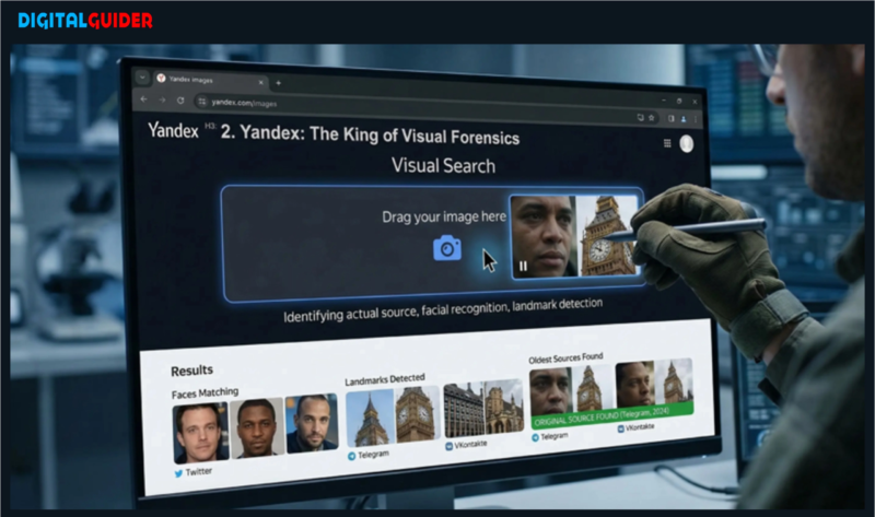 A conceptual screenshot of the Yandex Images visual search tool performing forensic analysis, successfully matching a specific face and a complex European landmark from a video frame to its original source.