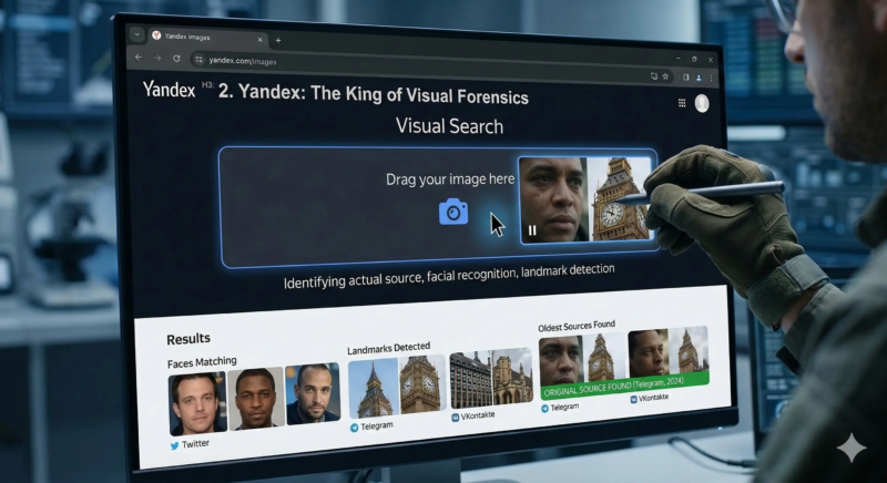 A conceptual screenshot of the Yandex Images visual search tool performing forensic analysis, successfully matching a specific face and a complex European landmark from a video frame to its original source.
