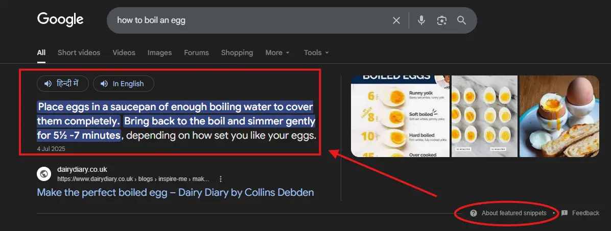 Google search results for 'how to boil an egg' highlighting a paragraph-style featured snippet in a red box, with an arrow pointing to the 'About featured snippets' link.