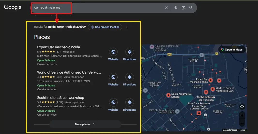 Google search results page for 'car repair near me' with a red arrow pointing from the search bar to the highlighted Places section showing local business listings and a map.