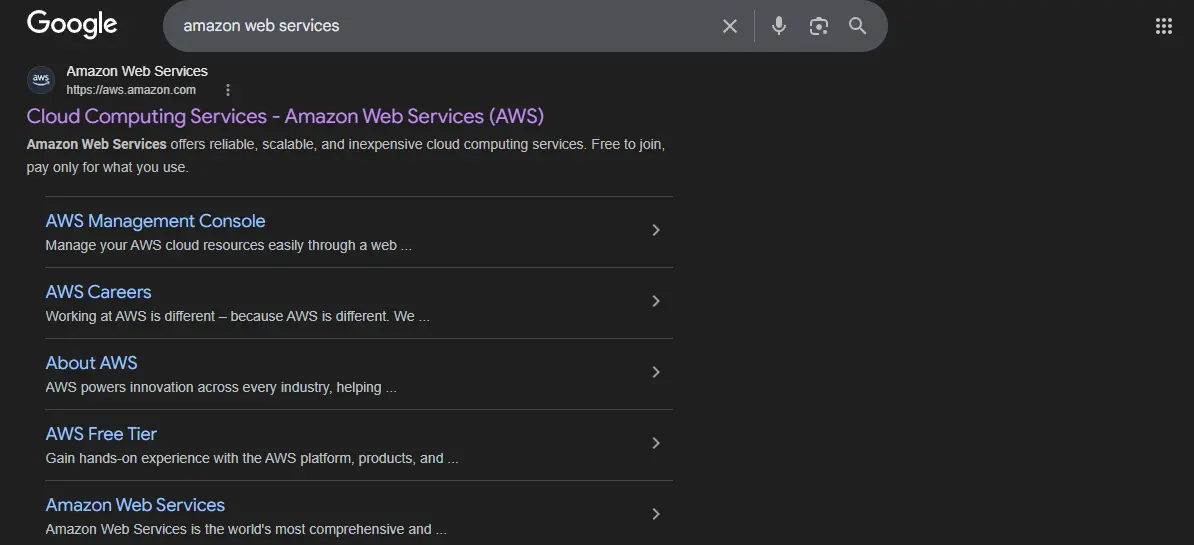 An organic Google search result for Amazon Web Services displaying the main page title and a list of clickable sitelinks below it, such as AWS Management Console and AWS Careers.