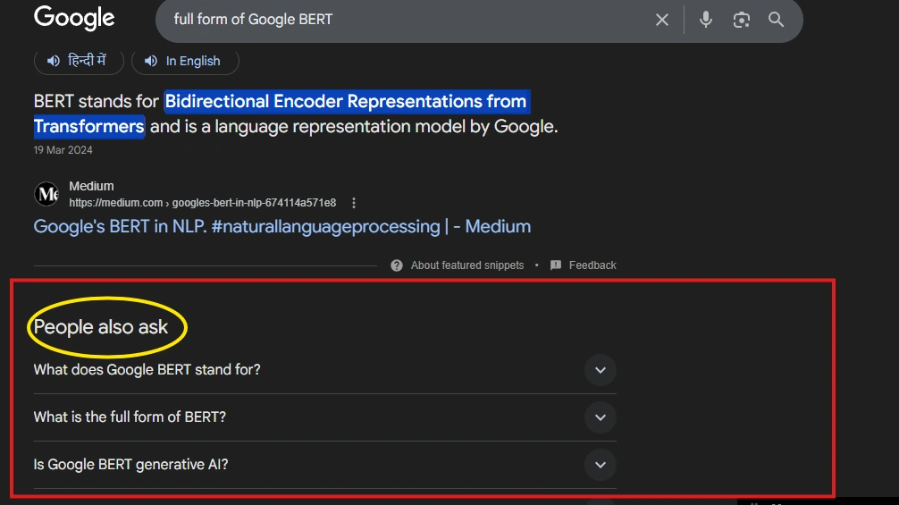Google search results page highlighting the 'People also ask' section in a red box, with the section title circled in yellow to show related drop-down questions.