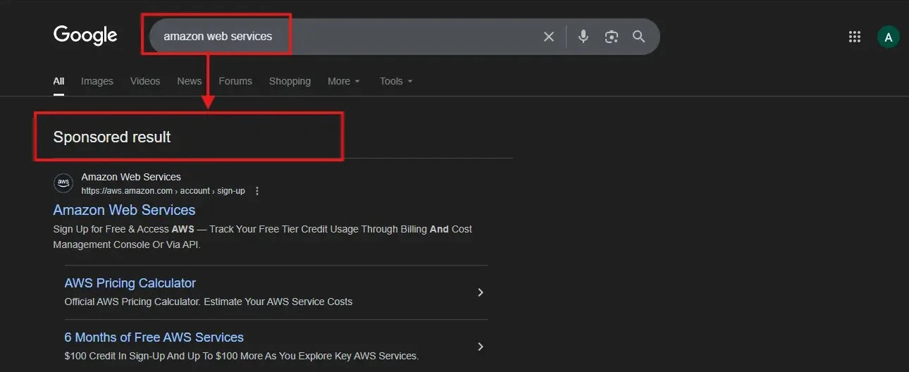 Google search results for 'amazon web services' with the search bar outlined in red and a red arrow pointing to the top Sponsored result, which is also outlined in red.