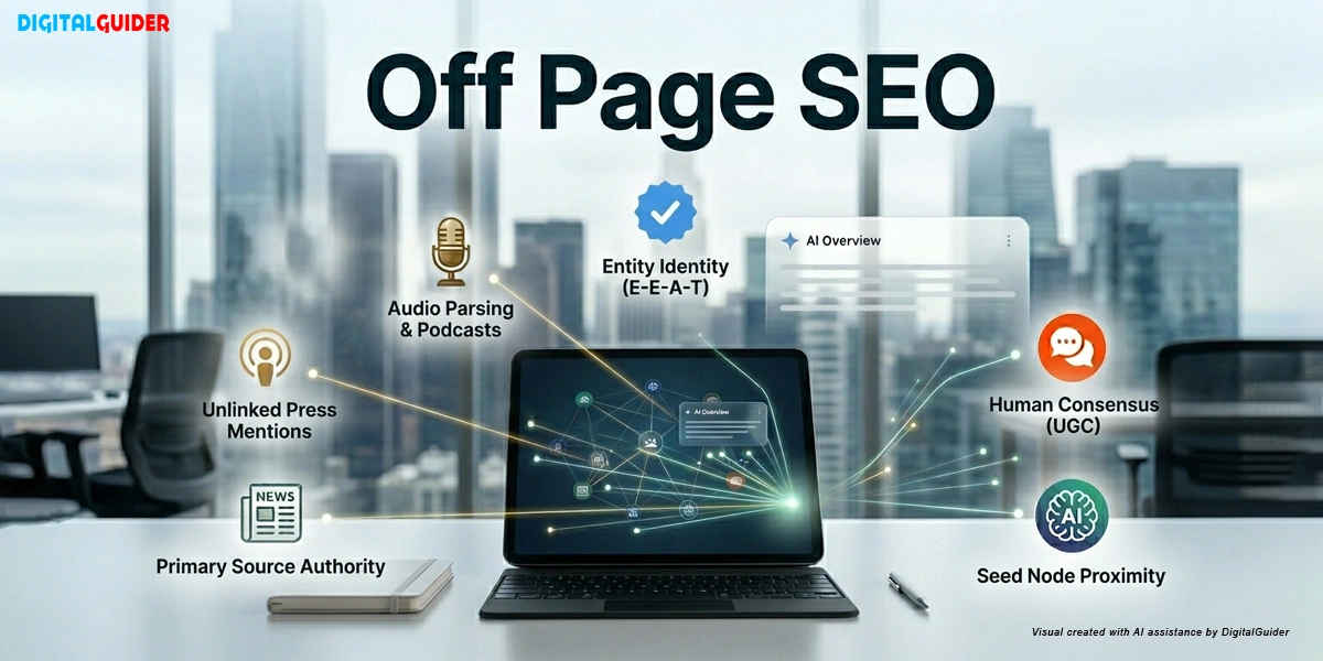 A featured blog image showing a tablet surrounded by icons representing podcasts, unlinked press mentions, human consensus, and entity identity.