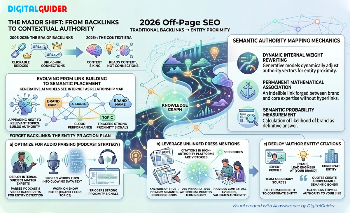 Infographic showing the evolution of SEO from traditional backlinks to AI-driven contextual authority and entity proximity.