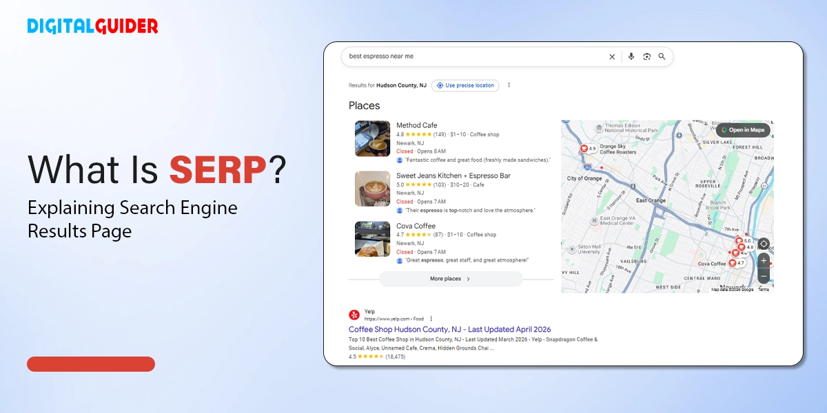 Educational graphic titled "What Is SERP?" featuring a Google search results page mockup with a map and local coffee shop listings.