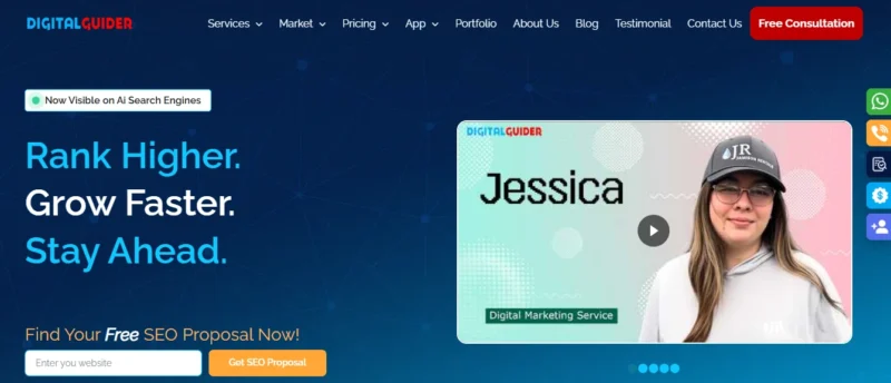 Homepage hero section of DigitalGuider featuring the headline "Scale Your Business With Expert Digital Marketing" with a clean white and blue interface, showcasing success metrics like "5000+ Satisfied Clients" and "93% Retention Rate."