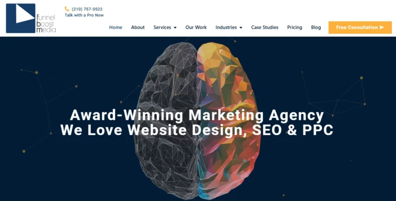 Homepage hero section of Funnel Boost Media with a dark blue background, featuring a geometric, low-poly brain graphic that is half grayscale and half colorful, above the text "Award-Winning Marketing Agency."