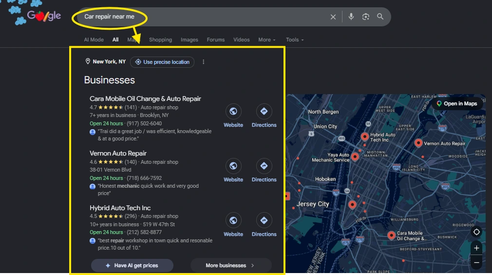 Google search results page for 'car repair near me' with a red arrow pointing from the search bar to the highlighted Places section showing local business listings.