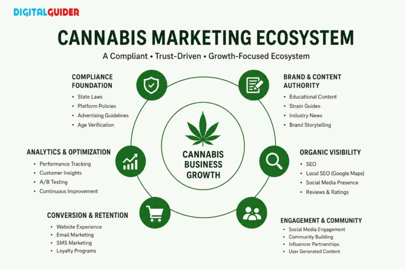 Cannabis marketing ecosystem infographic for growth and customer engagement.
