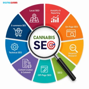 Cannabis SEO infographic covering on-page, off-page, local, and technical SEO.