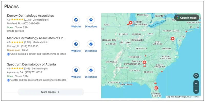 Google Local 3-Pack shows the top three local doctors with their maps, reviews and office information.