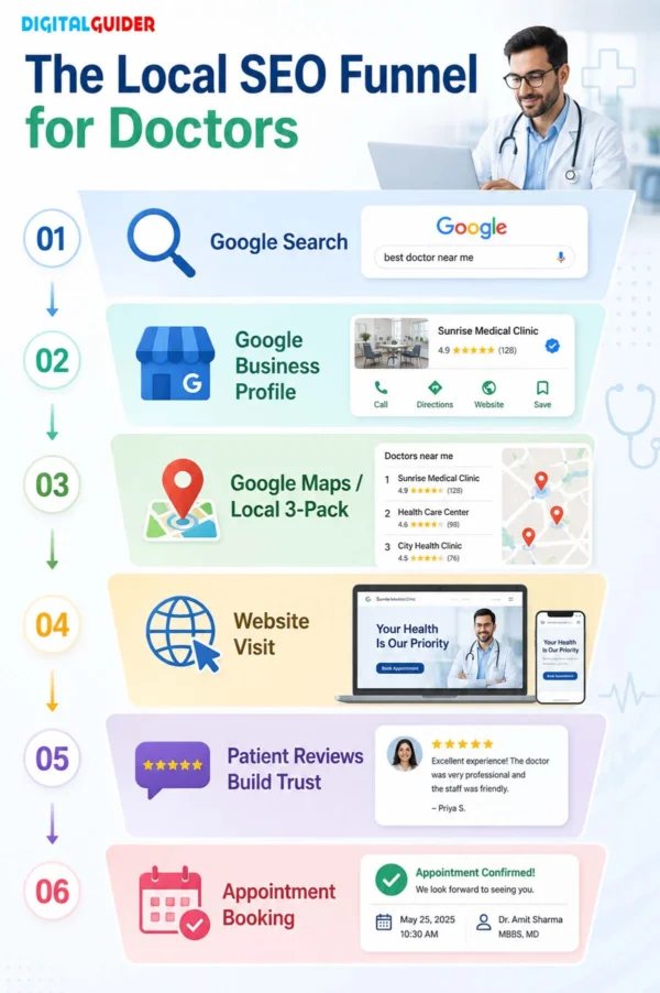 Local SEO funnel path from Google search, Google Business Profile and maps to website, patient reviews and appointment booking.