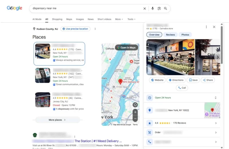 Google Maps shows nearby cannabis businesses