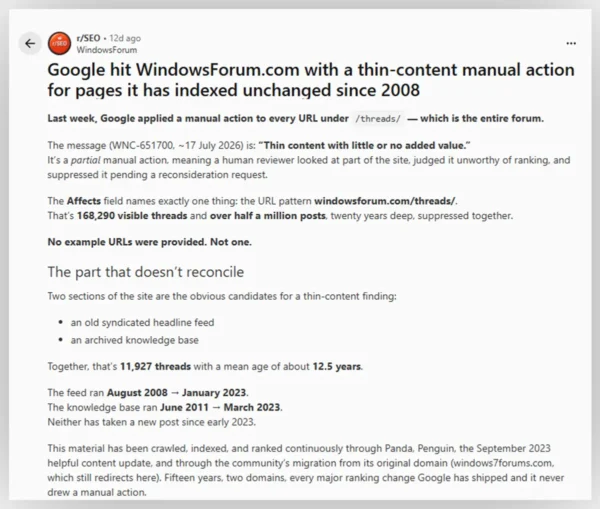 Reddit post about penalizing of AI content. 