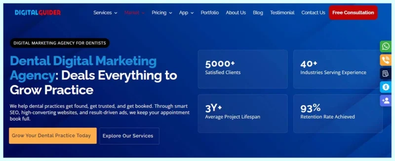 DigitalGuider dental digital marketing agency website showing marketing services and client results